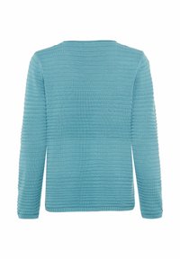Hellblaues Sweatshirt mit langen Ärmeln, strukturierten horizontalen Streifen und Rundhalsausschnitt. Der Stoff wirkt weich und elastisch.