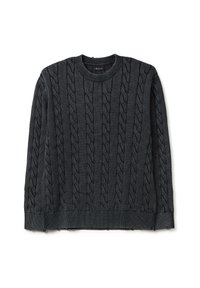 Maglione grigio scuro a maglia con scollo rotondo, polsini e orlo a costine, con modelli strutturati su tutta la superficie.