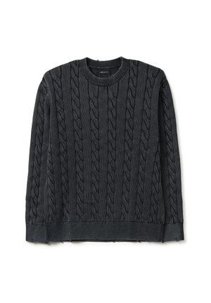 Dunkelgrauer Strickpullover mit Rundhalsausschnitt, gerippten Bündchen und Saum, der strukturierte Muster über den gesamten Körper aufweist.