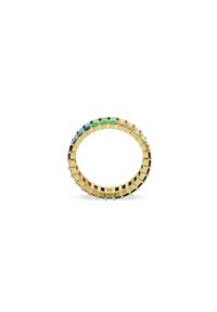 Goldring mit einer Reihe von mehrfarbigen Steinen in rechteckigen und ovalen Formen, die in einer linearen Anordnung um den Ring angeordnet sind.
