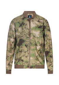 Bomberjack in camouflagepatroon met tinten groen, bruin en crème, voorzien van een ribbelkraag en ritssluiting aan de voorkant.