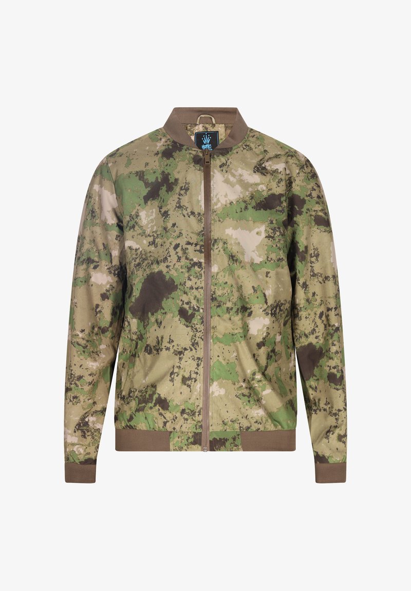 Bomberjack in camouflagepatroon met tinten groen, bruin en crème, voorzien van een ribbelkraag en ritssluiting aan de voorkant.