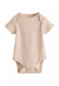 Helles beige, geripptes Baby-Bodysuit mit kurzen Ärmeln und Druckknopfverschlüssen an der Unterseite, ausgestattet mit einem runden Ausschnitt und weicher Textur.
