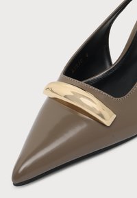 Chaussure plate taupe à bout pointu, doublure intérieure noire et un accent métallique doré brillant et incurvé sur le dessus près de la pointe.