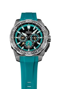 Festina pulksteņi ar nerūsējošā tērauda korpusu, teal krāsas gumijas siksniņu, melnu ciparnīcu un trim subciparnīcām; iezīmē spilgtus stundu rādītājus un gaismu atstarotājus.