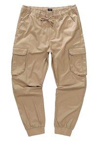 Pantaloni cargo beige con vita elastica, cordoncino regolabile, due tasche laterali e polsini a coste; realizzati in tessuto leggero.