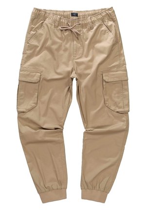 Pantalones cargo beige con cintura elástica, cordón ajustable, dos bolsillos laterales y puños acanalados; fabricados en tejido ligero.