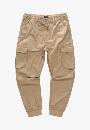 Beżowe spodnie cargo z elastycznym pasem, regulowanym sznurkiem, dwoma bocznymi kieszeniami i ściągaczami; wykonane z lekkiego materiału.