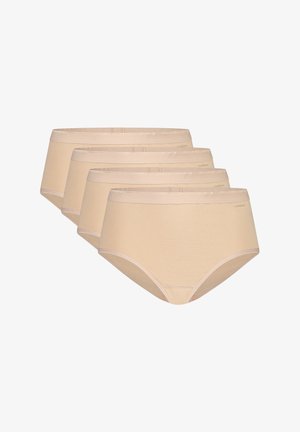 Caleçons en coton beige avec une texture lisse, dotés d'une ceinture douce et de coutures minimales, présentés dans un pack de quatre.
