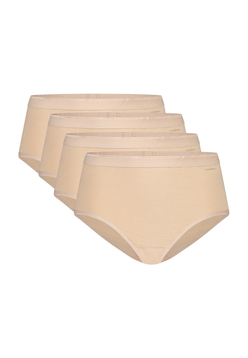 Beige katoenen briefs met een gladde textuur, voorzien van een zachte tailleband en minimale stiksels, gepresenteerd in een verpakking van vier.