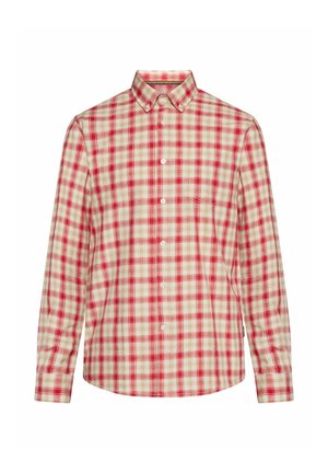 Langærmet knap-skjorte med rød, beige og hvid ternet mønster og en brystlomme foran, vist på hvid baggrund.