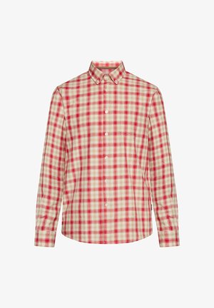 Langærmet knap-skjorte med rød, beige og hvid ternet mønster og en brystlomme foran, vist på hvid baggrund.