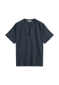 Mörk marinblå kortärmad överdel med avslappnad passform, med V-ringning och raglanärmar. Tillverkad av mjukt, lätt tyg.