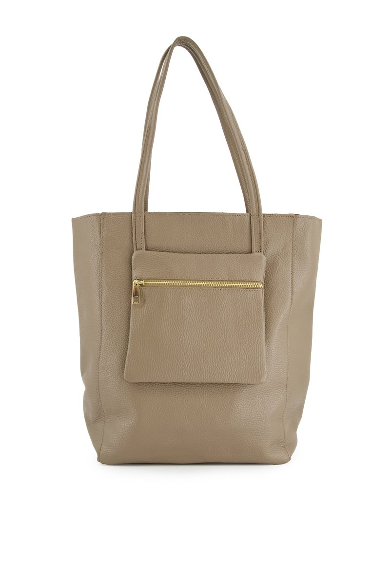 Beige leren tote bag met twee stevige handvatten, voorzien van een voorste ritsvak. Textuur oppervlak en minimalistisch design.