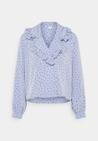 Blusa azzurra chiara con pois neri, colletto arricciato, design doppiopetto e maniche lunghe con polsini arricciati. Tessuto morbido.