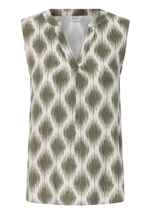 Ærmeløs bluse med V-udskæring i olivengrøn og hvid abstrakt diamantmønster, letvægtsstof og afslappet pasform.