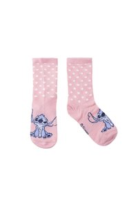 Calzini di cotone rosa con pois bianchi; presentano una grafica di un personaggio dei cartoni animati blu con le braccia alzate su ciascun calzino.