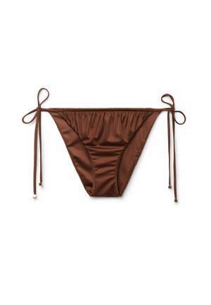 Brun bikiniunderdel i mjukt tyg, med justerbara sidoförband, veckad detaljering och låg midja.