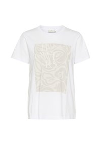T-shirt blanc à manches courtes avec un grand motif floral beige clair et du texte. Fabriqué en coton doux, offrant une coupe décontractée.