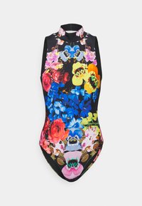 Body em preto sem mangas com gola alta, apresentando um vibrante padrão floral em flores vermelhas, azuis, amarelas, rosas e laranjas.