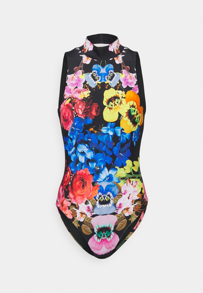 Body em preto sem mangas com gola alta, apresentando um vibrante padrão floral em flores vermelhas, azuis, amarelas, rosas e laranjas.