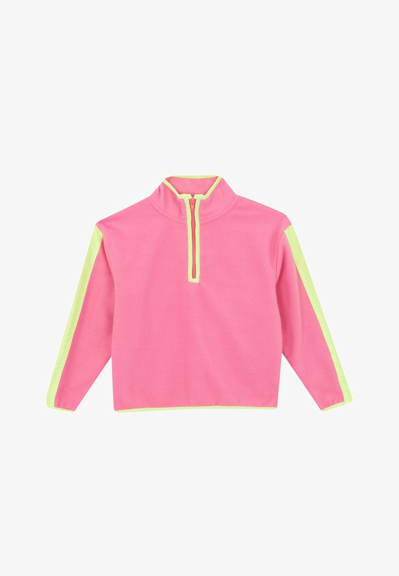 Pull polaire ample rose avec bordure jaune néon sur le col, la fermeture éclair, les poignets et les manches, doté d'une demi-fermeture éclair et d'un col montant.