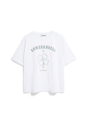 White short-sleeve t-shirt, relaxed fit, featuring green text "ARMEDANGELS" and a four-leaf clover graphic, smooth cotton material.