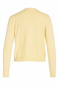 Mjuk gul långärmad tröja med ribbade ärmslut och nederkant, visad bakifrån, enkel stickad design och rundad halsringning.