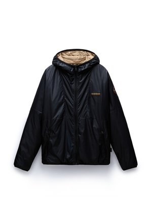 Zwarte pufferjas met een capuchon, met een beige voering, een rits aan de voorkant en twee zijzakken. Logo-opdruk op de borst.