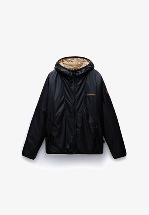 Black puffer jacket with a hood, featuring a beige interior lining, front zipper, and two side pockets. Logo patch on the chest.