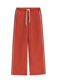 Roestkleurige wijde broek van zachte stof, met witte zijkanten en een verstelbare elastische tailleband met zakken.