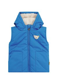 Blauer gesteppter Weste mit Kapuze, weichem weißen Fleece-Innenfutter, vorderem Reißverschluss, zwei Seitentaschen und einem Bärenpatch auf der Brust.