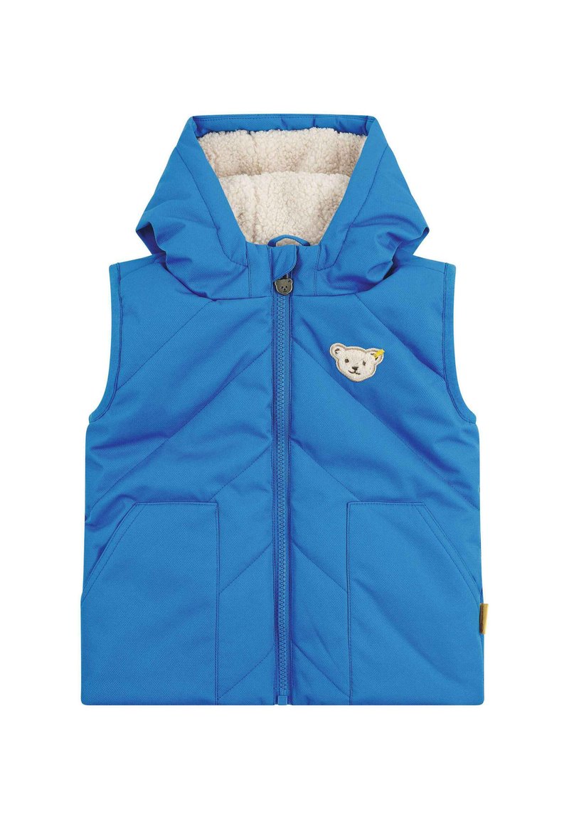 Blauer gesteppter Weste mit Kapuze, weichem weißen Fleece-Innenfutter, vorderem Reißverschluss, zwei Seitentaschen und einem Bärenpatch auf der Brust.