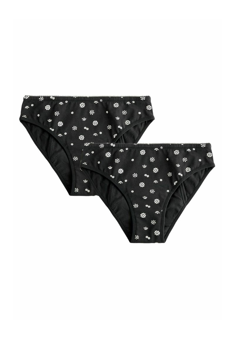 Zwarte katoenen slips met een wit bloemenpatroon, verkrijgbaar in twee maten met elastische taillebanden en een zachte textuur. Gladgestikte naden voor comfort.