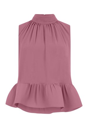 Ärmellose mauvefarbene Bluse mit plissiertem Stehkragen und gerafftem Saum, ausgestattet mit einem Reißverschluss hinten.