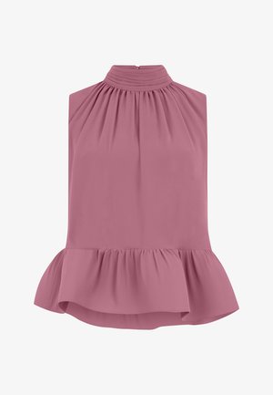 Blusa sin mangas color malva con cuello alto plisado y dobladillo con volantes, con cierre de cremallera en la parte trasera.