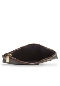 Brown leather coin purse with a gold zipper, featuring a textured exterior and a dark fabric lining. Compact and open design for easy access.