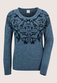 Blauer Strickpullover mit schwarzen symmetrischen Blumen- und abstrakten Mustern auf der oberen Brust und den Schultern, langen Ärmeln und gerippten Bündchen.