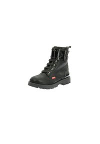 Botas negras hasta el tobillo hechas de material texturizado con un detalle de hebilla brillante, punta redonda y suela resistente, con cierre de cordones en la parte delantera y tachuelas.