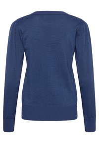 Sötétkék hosszú ujjas kötött pulóver, bordázott mandzsettákkal és szegéllyel, hátulról bemutatva.