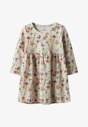 Lange mouw jurk van lichtgewicht stof, met een bloemen- en vlinderpatroon in pasteltinten, een geraffineerde taille en ronde halslijn.