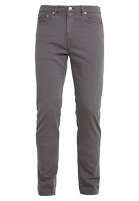 Jean en denim de coton gris, coupe slim, design cinq poches et braguette à boutons. Il présente une légère élasticité et une finition propre et moderne.