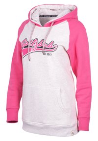 Hoodie met een grijze romp en felroze mouwen. Heeft een voorzak, een capuchon met trekkoord en een bedrukt logo. Gemaakt van een katoenmix.