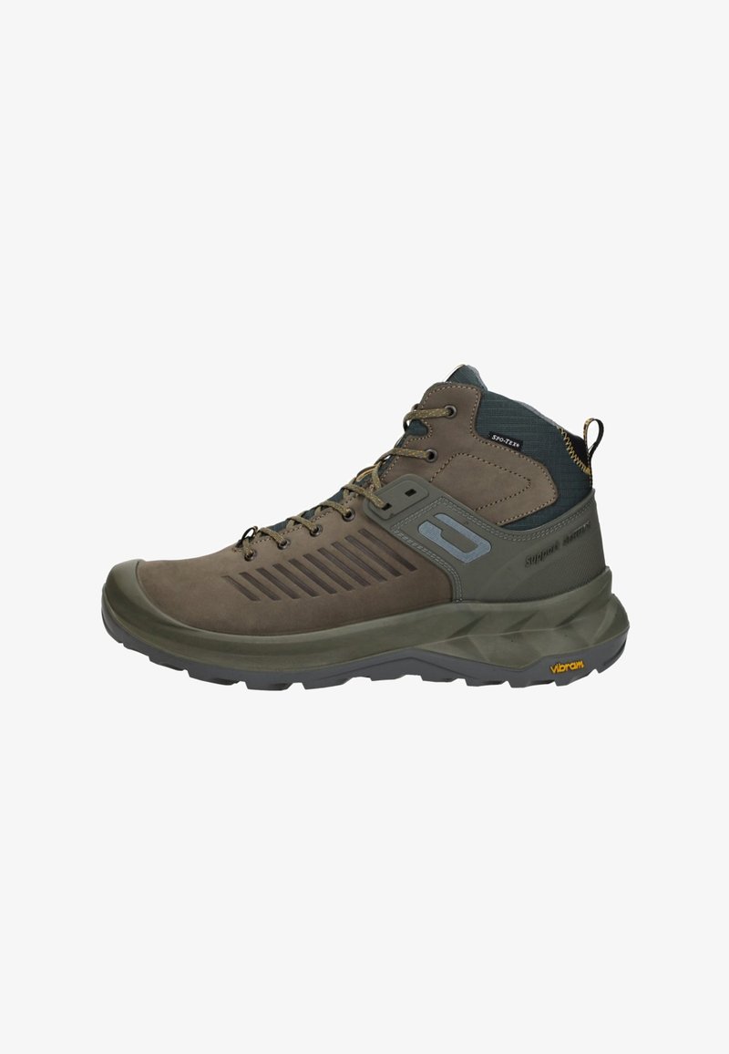 Bruine wandelschoen met een bovenwerk van suede en textiel, grijze accenten, meshpanelen en een Vibram-buitenzool. Halfhoge constructie voor enkelondersteuning.