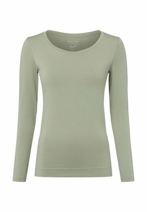 Langärmliges Hemd aus hellgrünem Stoff mit rundem Ausschnitt und figurbetontem Design. Verfügt über eine weiche, glatte Textur und minimale Nahtdetails.