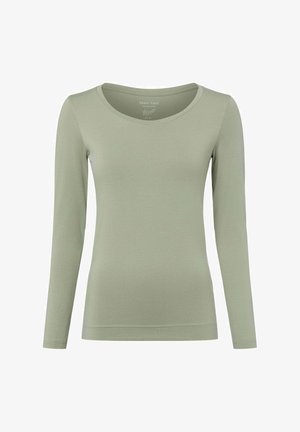 Long-sleeve shirt in light green fabric with a round neckline and fitted design. Features soft, smooth texture and minimal stitching details.