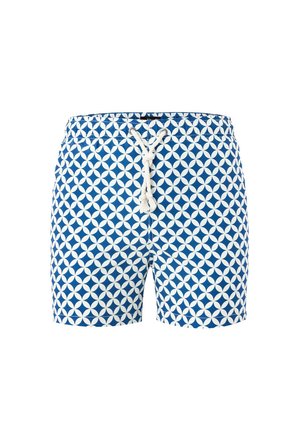 Blaue Badeshorts mit weißem geometrischem Kreismuster und weißer Kordel, vorne am Bund gebunden, vor einfarbigem Hintergrund.