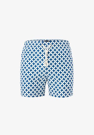 Shorts de bain bleus avec motif blanc de cercles géométriques et cordelette blanche nouée à la taille, vue de face sur fond uni.