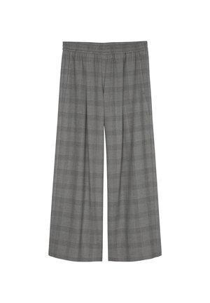 Graue Karottenhose mit weitem Bein und elastischem Bund. Aus strukturiertem Stoff mit einem Karomuster gefertigt. Lockere Passform, cropped Länge.