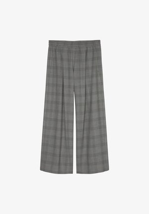 Graue Karottenhose mit weitem Bein und elastischem Bund. Aus strukturiertem Stoff mit einem Karomuster gefertigt. Lockere Passform, cropped Länge.